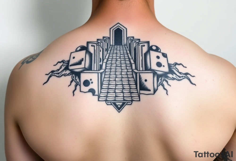 Black and grey sleeve of a labrynth of stairs tattoo idea