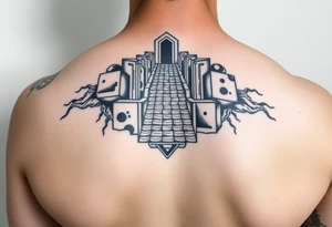 Black and grey sleeve of a labrynth of stairs tattoo idea