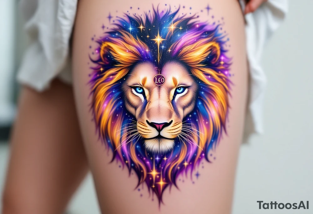 A Leo zodiac symbol and vivid leo star constellation rests between the eyes of a golden lion whose mane dissolves into a trail of starlit purple and blue. tattoo idea