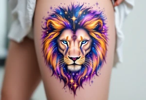 A Leo zodiac symbol and vivid leo star constellation rests between the eyes of a golden lion whose mane dissolves into a trail of starlit purple and blue. tattoo idea