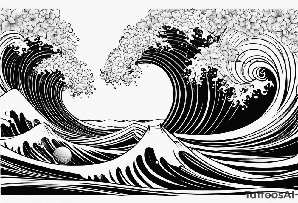 line art space with waves tattoo idea