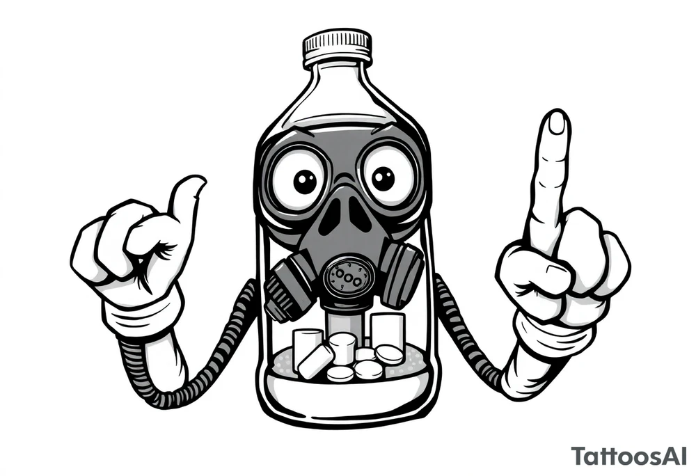 A caricature 2 liter bottle with bulging cartoon eyes and a gas mask on where it’s mouth and nose are supposed to be. Inside the bottle is a lithium battery,and pseudoephedrine tablets, along with a liquid. It has cartoon stick arms with big white gloves one had is holding up his middle finger. It should be dark and grimy looking as if a person had been up for some days and the middle finger on the right hand should be up tattoo idea