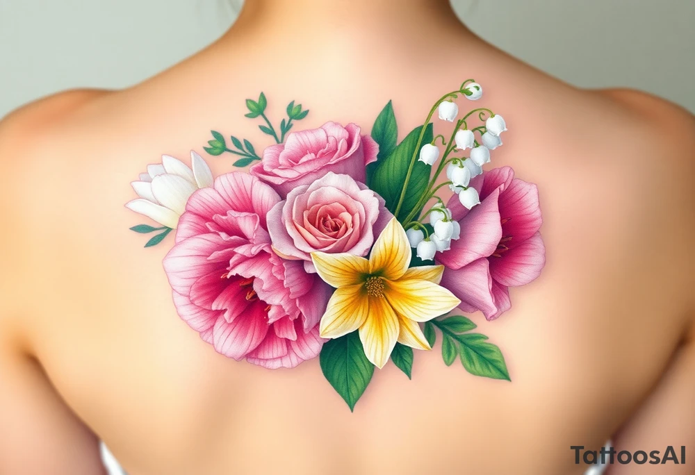 Small 3d Bouquet of Carnation, Astor, Rose, Lily of the valley, Larkspur with realistic, low tone pastel colors with no black tattoo idea