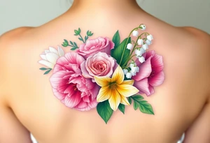 Small 3d Bouquet of Carnation, Astor, Rose, Lily of the valley, Larkspur with realistic, low tone pastel colors with no black tattoo idea