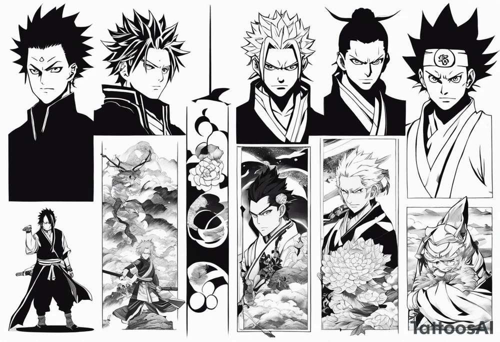 Can you create a full sleeve with Muichiro, Obanai, Rengoku and Giyuu from Demon Slayer and Choso, Gojo and Megumi from Jujutsu Kaisen tattoo idea