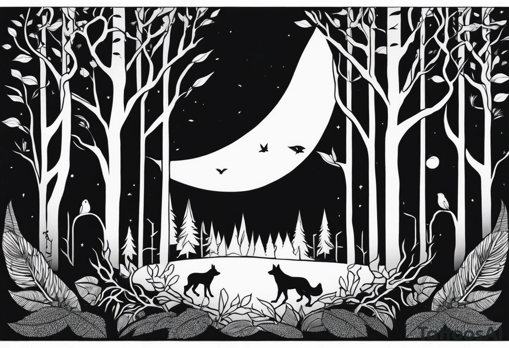 long black scary silhouettes with white eyes in a big dark forest tattoo idea