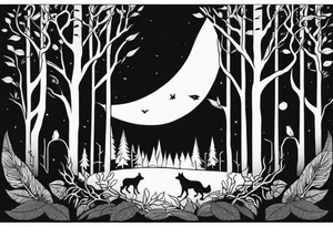 long black scary silhouettes with white eyes in a big dark forest tattoo idea