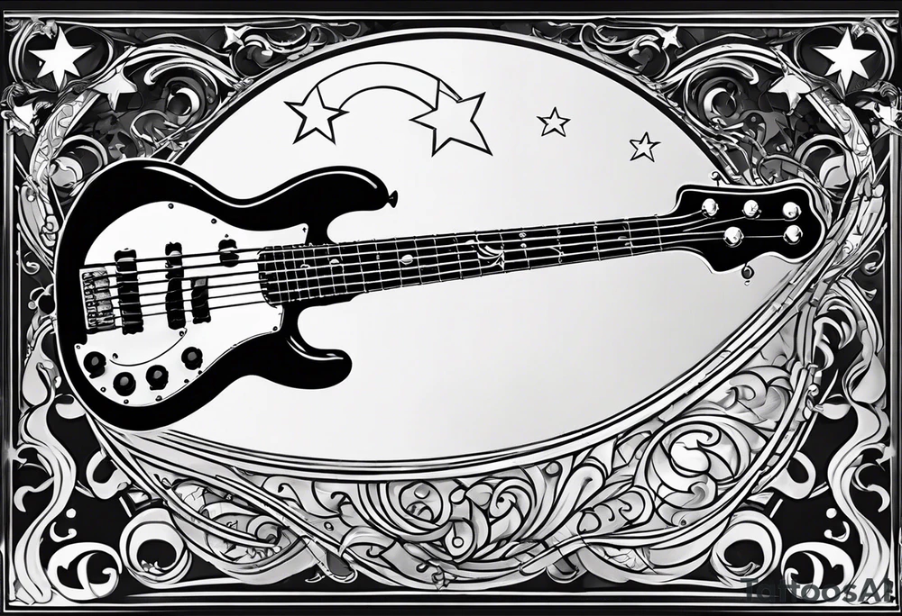 A well balanced tattoo full left arm with the following images:
a bass guitar, 
2 stars, 
1 quarter moon, 
a caduceus symbol and 
a mickey mouse shadow tattoo idea