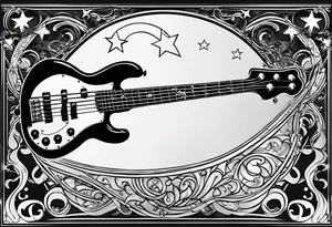 A well balanced tattoo full left arm with the following images:
a bass guitar, 
2 stars, 
1 quarter moon, 
a caduceus symbol and 
a mickey mouse shadow tattoo idea