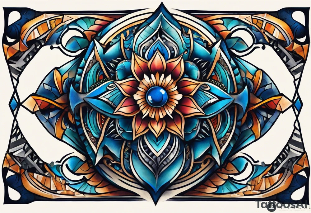 semi Detailed neo traditional knee tattoo flat on paper. The tattoo features geometric patterns and bold lines, creating a visually striking design with slight tints of deep fall colors. outside the tattoo features deep blues washes and water swirls tattoo idea