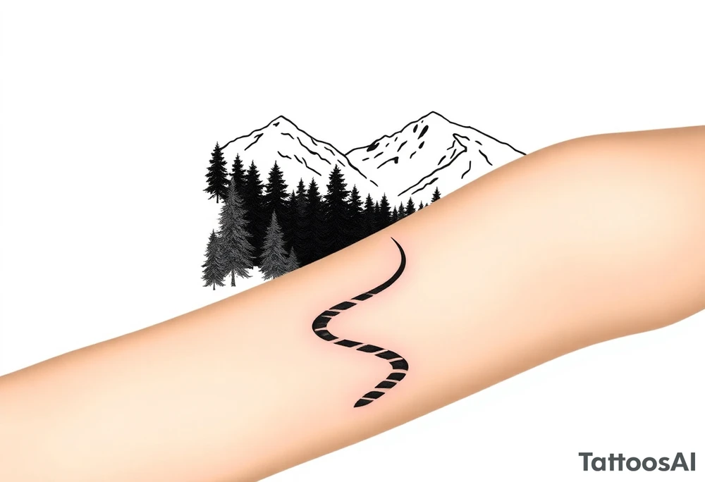 A minimalist design with a narrow path cutting through a dense forest, leading toward snow-capped mountains in the distance. The contrast between the dark woods (from Exile) and the snow-covered mountains (from Out of the Woods) shows the transition from hardship to hope. The path could be subtly winding, suggesting that the way forward is unclear, yet still leading to something more peaceful. tattoo idea