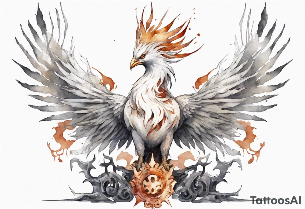 a white phoenix wearing rusty iron crown perched on a throne tattoo idea
