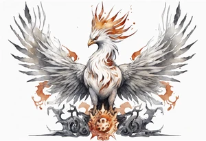 a white phoenix wearing rusty iron crown perched on a throne tattoo idea