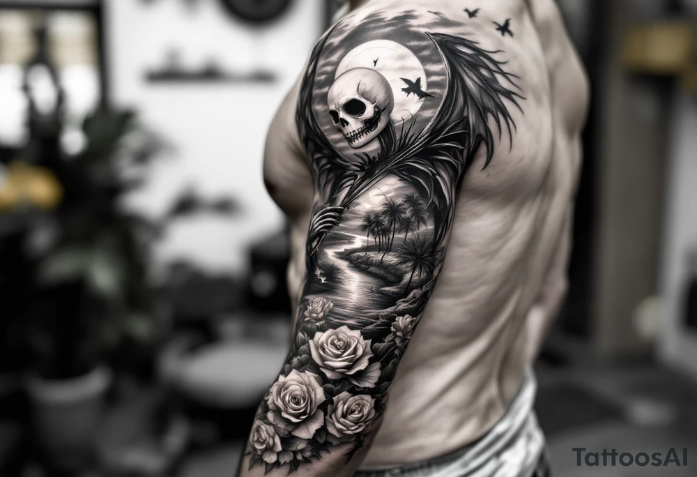 holy jack skellington with wings, fishing, river, roses, palm trees, sun, birds tattoo idea