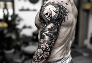 holy jack skellington with wings, fishing, river, roses, palm trees, sun, birds tattoo idea