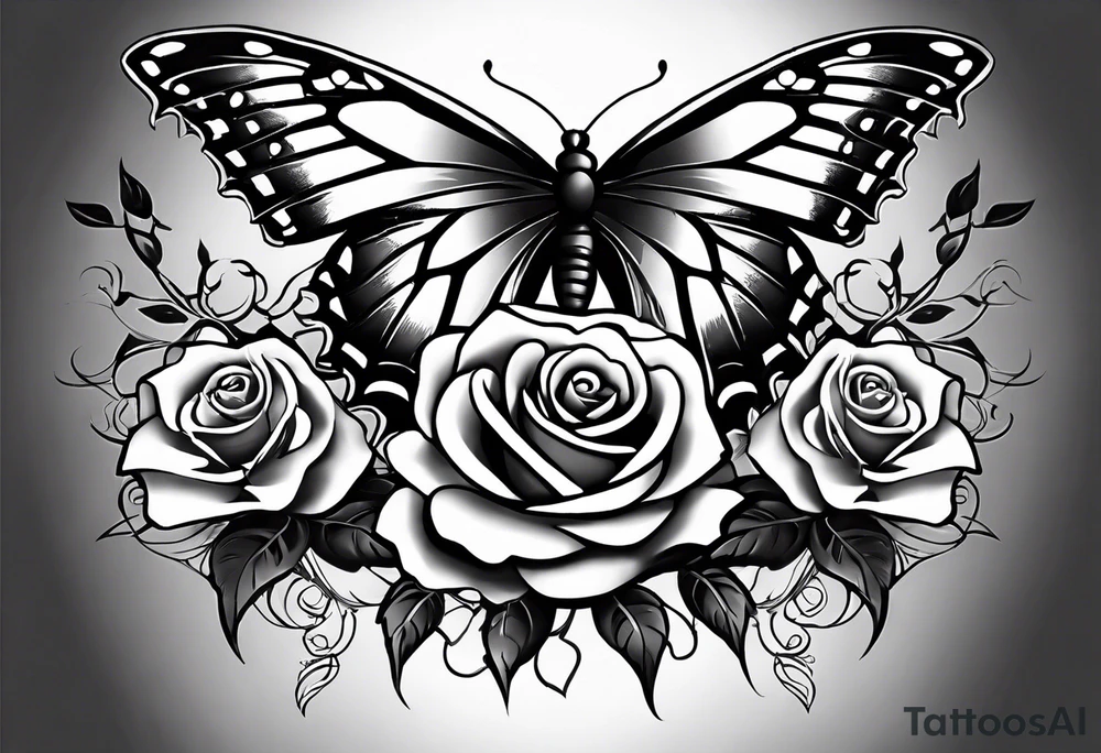 Multiple roses going down a vine with thorns, butterfly wings in the center, spine tattoo tattoo idea