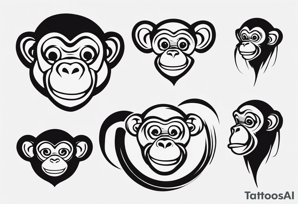 Create an abstract happy monkey icon shape on a small disconnected circle where the monkey is just a shape no face tattoo idea
