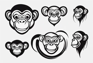 Create an abstract happy monkey icon shape on a small disconnected circle where the monkey is just a shape no face tattoo idea