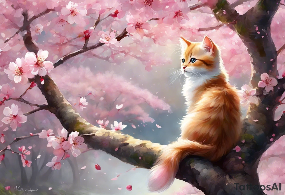 Generate a design where a graceful pink cherry blossom tree extends vertically, occupying the full height of 15cm, with delicate blossoms scattered along its slender branches coloured with a watercolor effect. Nestled among the branches, a small, playful kitten is perched, gazing curiously outward. The kitten's fur can have intricate details, highlighting its softness and playfulness. Surrounding the kitten and the tree, some petals could be gently falling, adding a dynamic and serene feel to the design. This vertical composition would elegantly fit your biceps, creating a charming and feminine piece of art. tattoo idea
