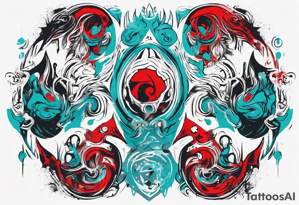 an art in the style of abstract, lovecraft, textured pigment planes, red and cyan, stencil art tattoo idea