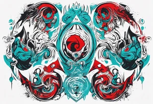 an art in the style of abstract, lovecraft, textured pigment planes, red and cyan, stencil art tattoo idea