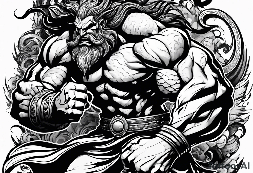 full body strong mythical giant turned to the side about to punch something tattoo idea