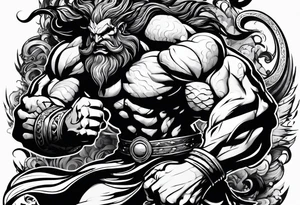 full body strong mythical giant turned to the side about to punch something tattoo idea