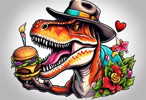 T-rex wearing pinwheel hat, eating a cheeseburger tattoo idea