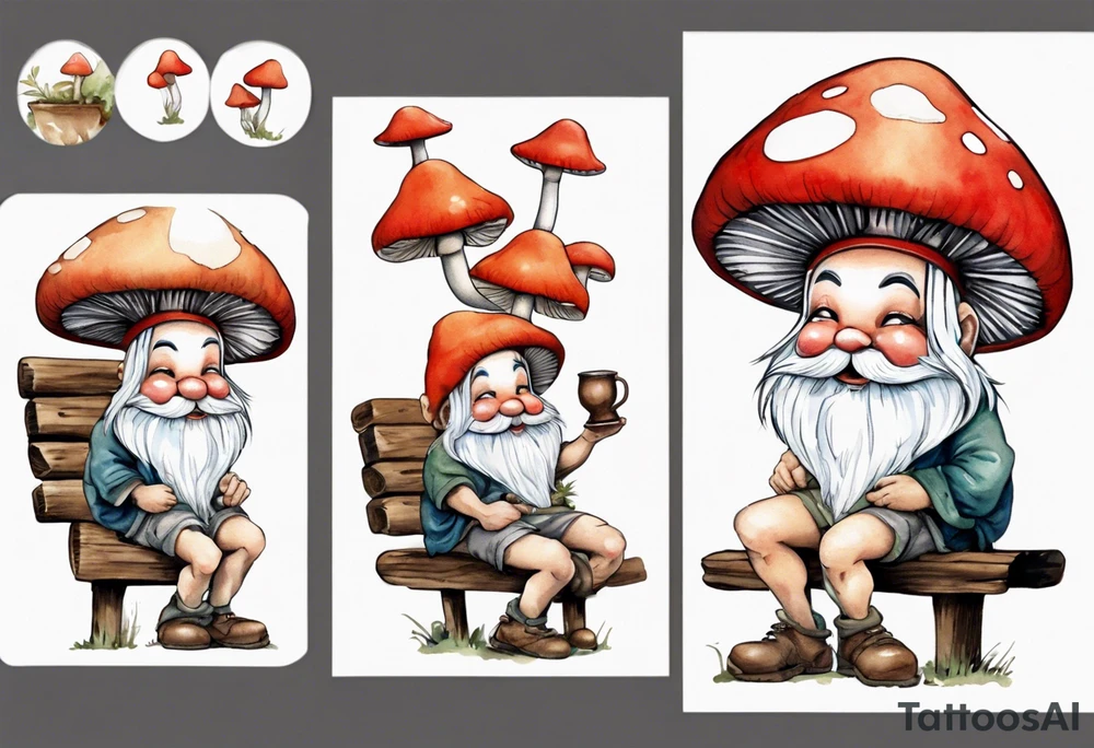 a mushroom gnome
wearing a mushroom hat sitting on a bench by a fireplace drinking from a wood cup, laughing tattoo idea