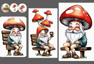 a mushroom gnome
wearing a mushroom hat sitting on a bench by a fireplace drinking from a wood cup, laughing tattoo idea