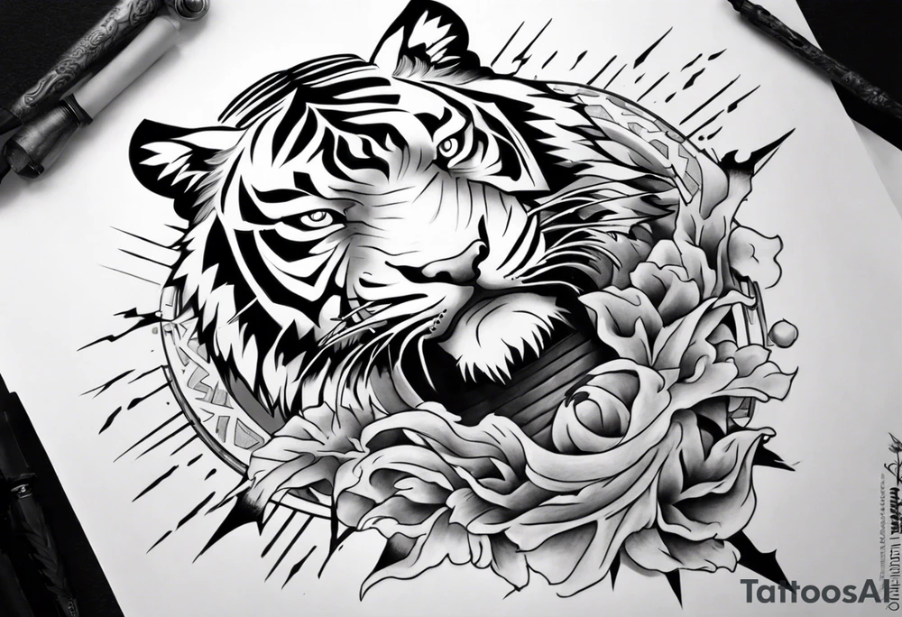 Tiger Warrior sleeve tattoo with lightning and the sun
Forearm sleeve tattoo idea