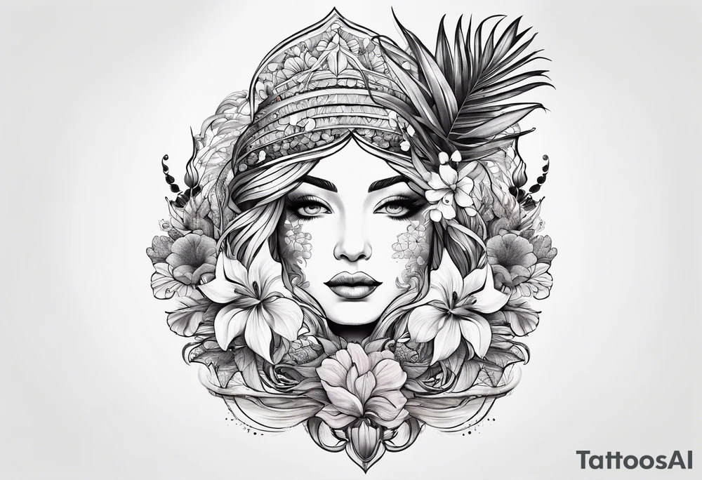 sea, flower, palm, animal tattoo idea