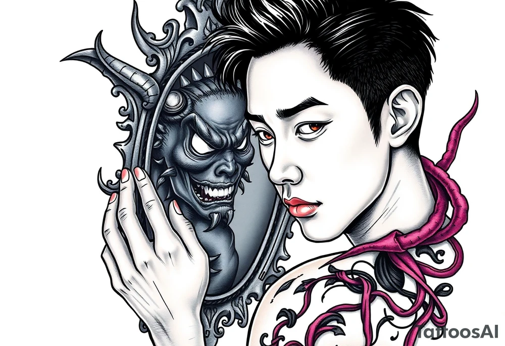 Handsome Asian young guy is looking in cursed mirror and see a demon tattoo idea