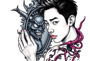 Handsome Asian young guy is looking in cursed mirror and see a demon tattoo idea