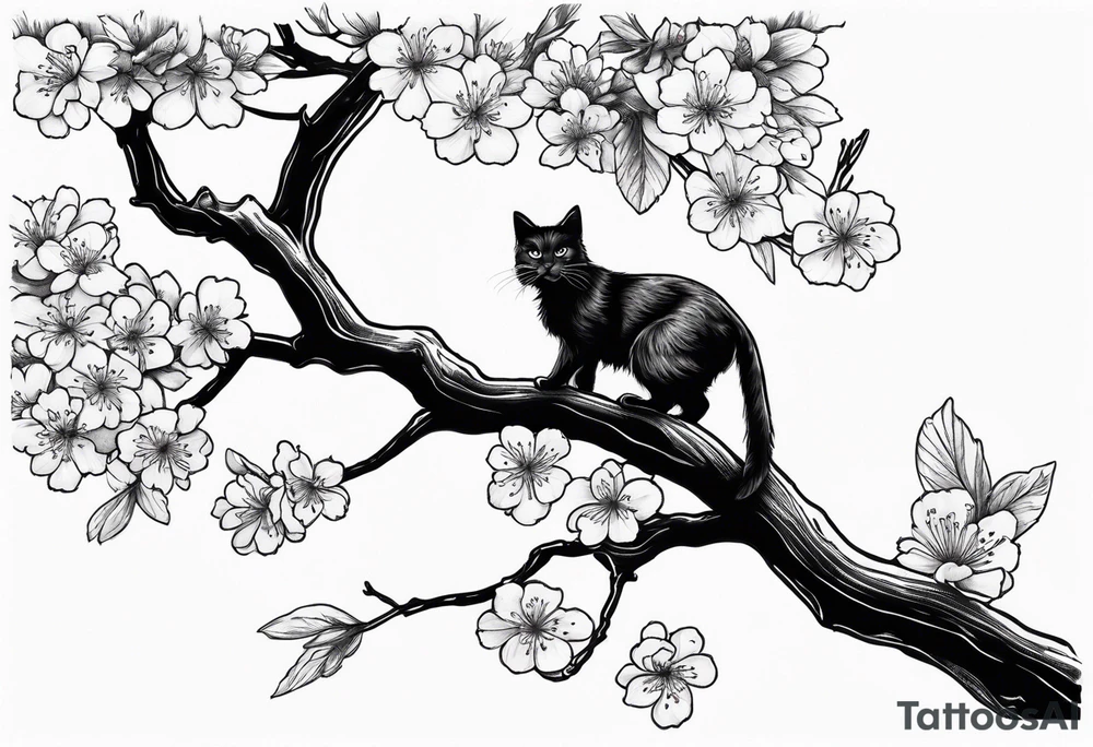 elongated cherry blossom branch meeting with a dying pine tree with hidden cute demon cat tattoo idea