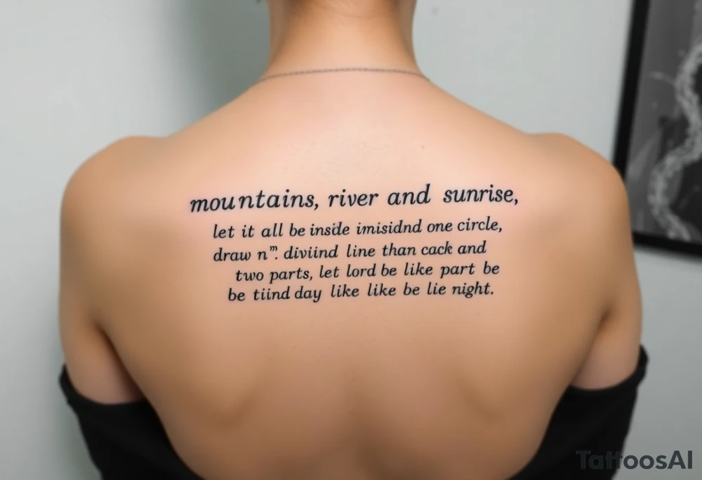mountains. river and sunrise, let it all be inside one circle. draw a line and divide the circle into two parts, let one part be like day and the other part like night tattoo idea