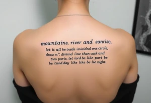 mountains. river and sunrise, let it all be inside one circle. draw a line and divide the circle into two parts, let one part be like day and the other part like night tattoo idea