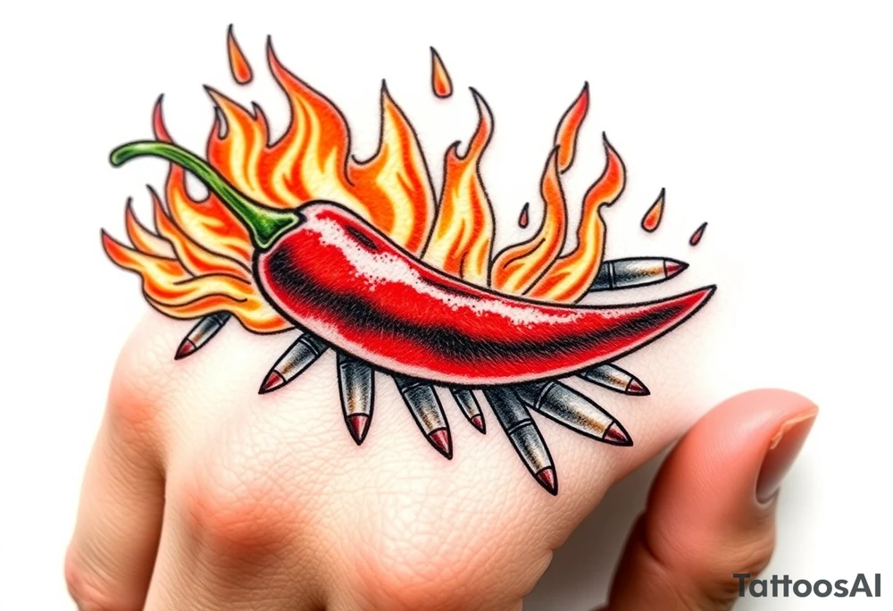 Chili pepper with flames and raining bullets tattoo idea