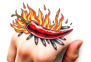 Chili pepper with flames and raining bullets tattoo idea