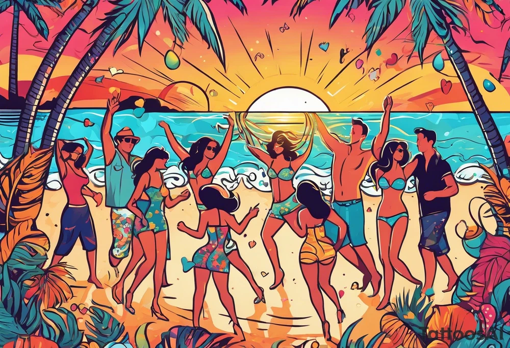 1960'S BEACH DANCE PARTY 
party, include confetti, music notes, 
, bikinis sunset in the center tattoo idea