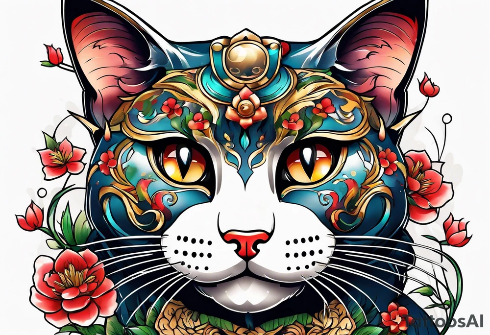 Beckoning cat with other Japanese elements tattoo idea