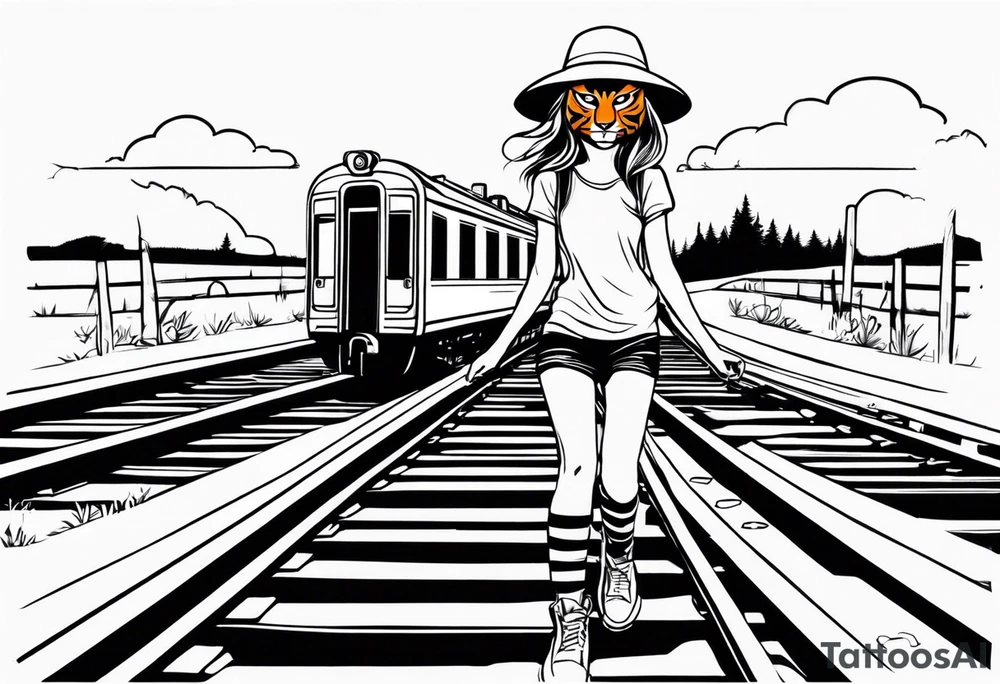 Bells cracking train track in the middle with a girl wearing tiger mask tattoo idea