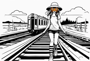 Bells cracking train track in the middle with a girl wearing tiger mask tattoo idea