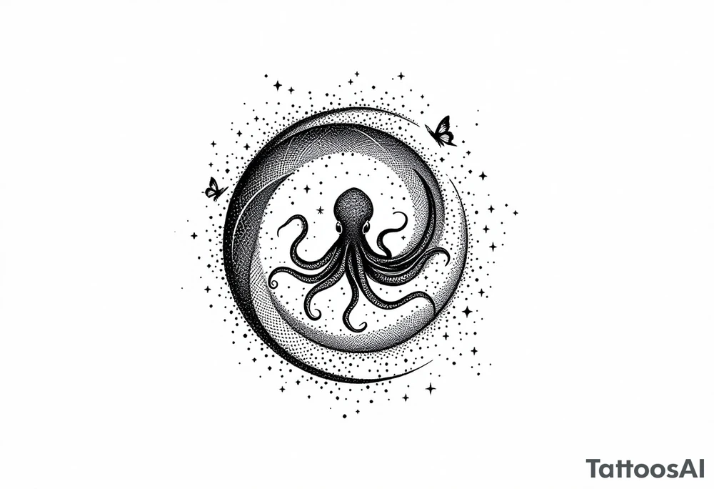 A minimalist dotwork tattoo design in the shape of a spiral galaxy. In the center, a small octopus is subtly integrated into the swirl, with flowing tentacles that extend along the spiral arms. The tentacles transform into elegant, curving lines resembling the flowing tails of koi or betta fish, partially in black ink and partially in fine red lines. Small stars are scattered throughout the galaxy shape, and two delicate butterflies hover near the edges. Style: cosmic abstraction, dotwork, fine line, with elements of Japanese graphic tattoo flow, minimalist, octopus psychedelic dotwork sacred geometry sleeve tattoo idea