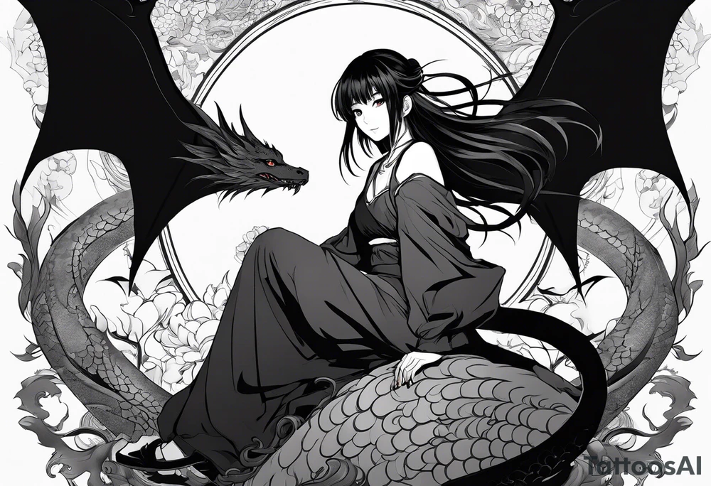 a full shot of an anime girl seen from far, sitting on a ball and surrounded by asian dragon with wings tattoo idea