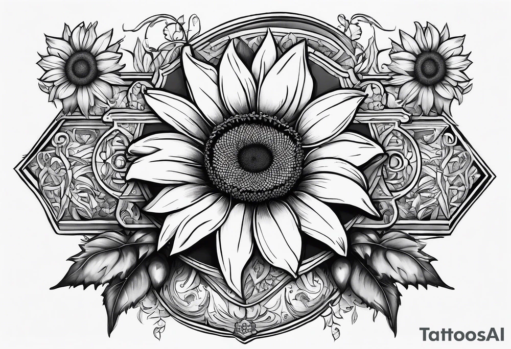 A central cross with the names Kyle Peter Lori on it with lighting a motorcycle and a sunflower around it tattoo idea