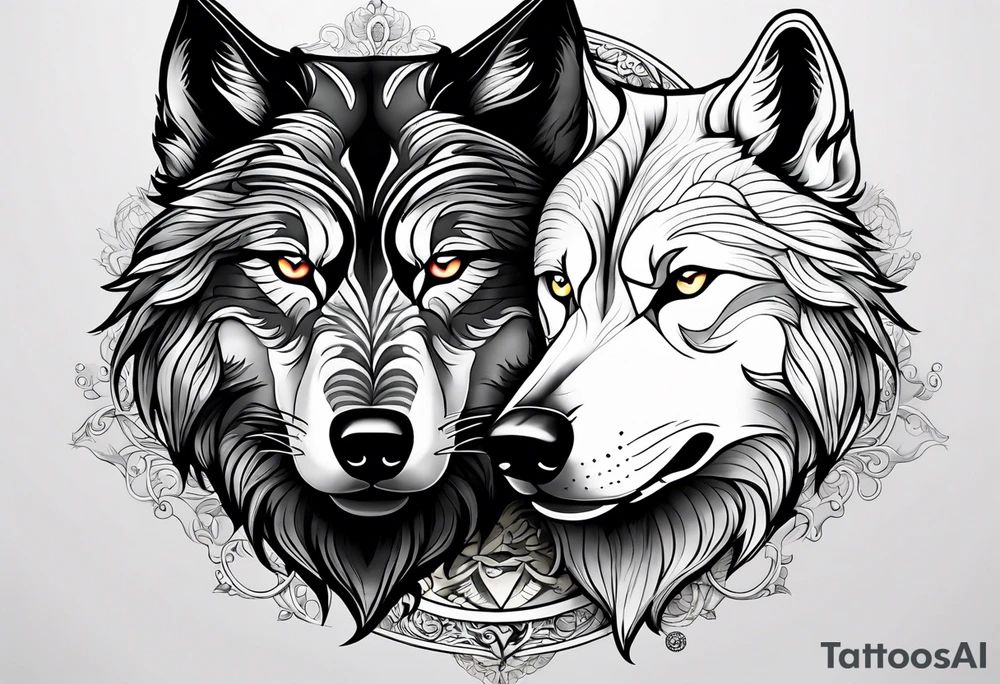 black wolf and white wolf in a ying yang style tattoo idea