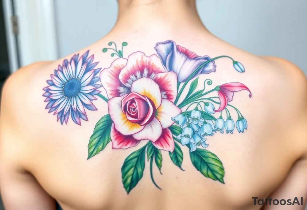 Bouquet of flowers with a aster, carnation, rose, Lily of the valley, delphinium with stems Starting upper middle back to right shoulder tattoo idea