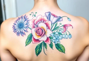 Bouquet of flowers with a aster, carnation, rose, Lily of the valley, delphinium with stems Starting upper middle back to right shoulder tattoo idea