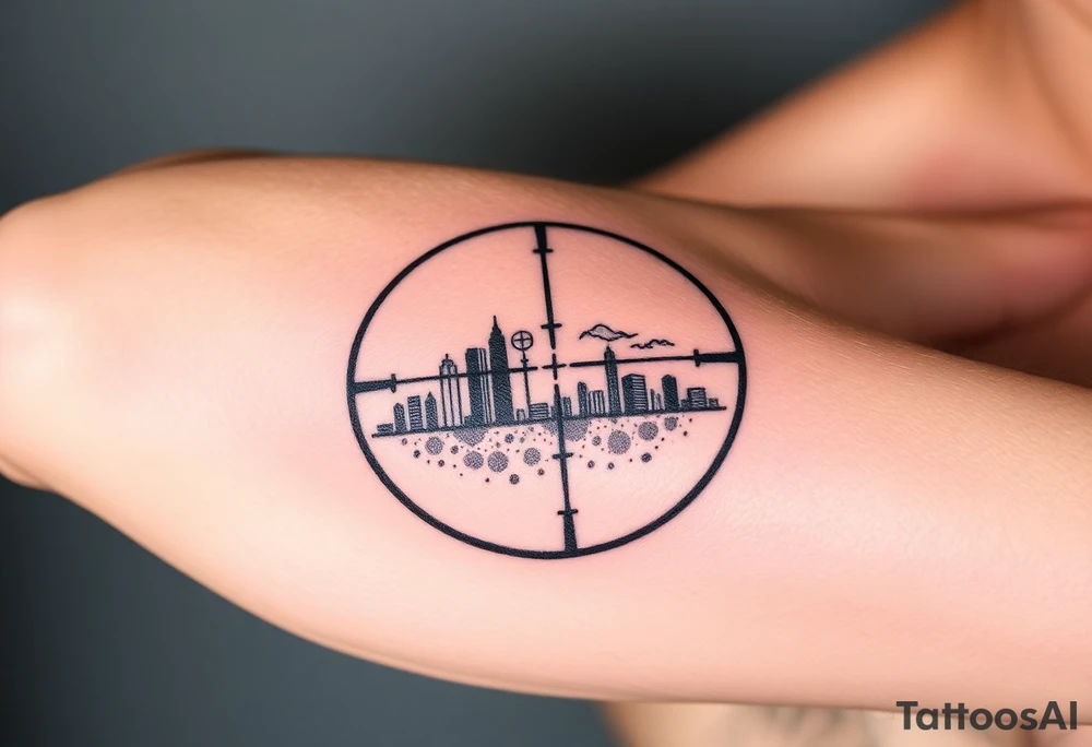 scope crosshairs with eerie Los Angeles city horizon in background tattoo idea